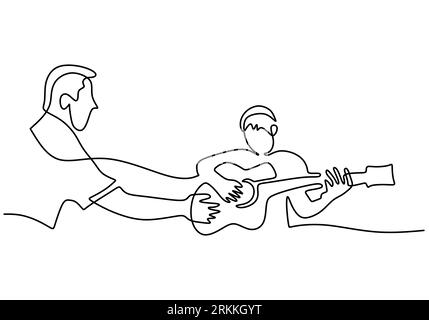 Simple continu tiré d'une ligne père enseignant à son fils à jouer de la guitare et chanter une chanson dessinée par l'image de la main. Concept familial heureux de parentalité minimali Illustration de Vecteur