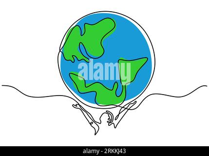 Un homme soulève le globe terrestre en dessin au trait continu. World Planet Save, concept environnemental de protection. Journée mondiale de l'environnement simple vector web ba Illustration de Vecteur