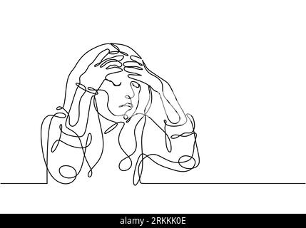 Dessin de ligne continue de femme stressée, une seule illustration vectorielle dessinée à la main. jeune fille inquiète de souffrir de dépression en santé mentale Illustration de Vecteur