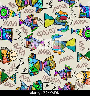 Modèle sans couture avec des habitants sous-marins mignons. Poisson tribal enfantin isolé sur fond blanc. Motif enfants drôle pour le textile et le tissu. Dessin animé Illustration de Vecteur