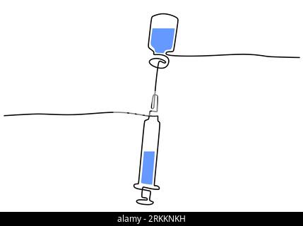 Dessin continu d'une ligne de seringue avec aiguille et tube de vaccin pour le test de vaccin corona dessin au trait dessiné à la main design minimaliste. Equipement médical Illustration de Vecteur