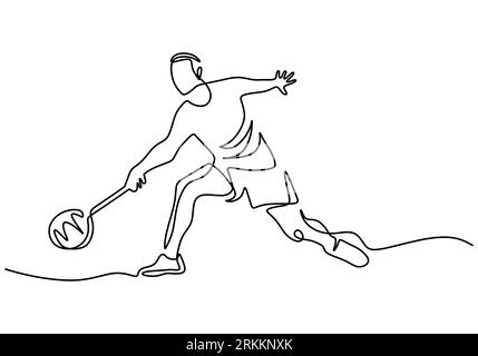 Un dessin continu de jeune joueur de tennis heureux faisant le service et frapper la balle. Concept d'exercice de sport conception de minimalisme dessiné à la main. Vecteur