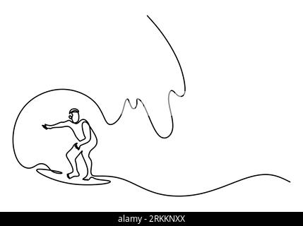 Dessin continu d'une ligne d'homme énergique ou de personne faisant du surf aquatique. Wave Rider ou surfeur debout sur planche de surf dans la plage isolé sur blanc Illustration de Vecteur