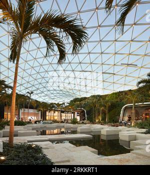 Les jardins avec lucarne et eau caractéristique. 360 Mall, Kuweit City, Koweït. Architecte : CRTKL, 2021. Banque D'Images