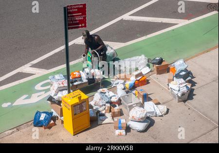 Un employé d’Amazon trie les livraisons sur le trottoir pour distribution dans le quartier Chelsea de New York le dimanche 20 août 2023. (© Richard B. Levine) Banque D'Images