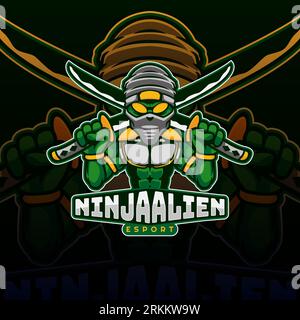 Logo mascotte Ninja pour joueur eSport avec look extraterrestre. Assassin Ninja eSports avec style de concept d'illustration moderne pour badge, emblème et t-shirt p Illustration de Vecteur