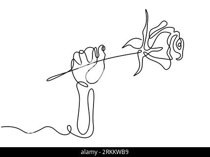 Dessin de ligne continue main tenant fleur rose minimaliste, illustration vectorielle isolée sur fond blanc. La simplicité fleurit pour bannière romantique Illustration de Vecteur