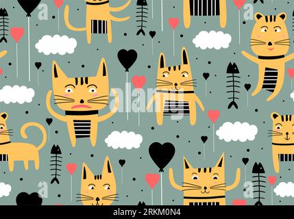 Modèle sans couture avec des chats mignons dessinés à la main et des ballons Illustration de Vecteur