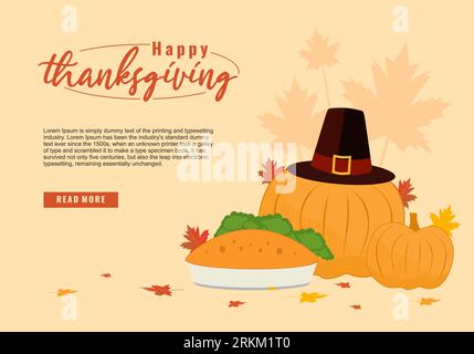 Bonne bannière de Thanksgiving Day. Célébration de Thanksgiving avec citrouilles, tarte et feuilles d'automne. Affiche horizontale des fêtes, en-tête pour le site Web. Vecteur il Illustration de Vecteur