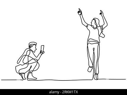 Un dessin de ligne continue d'homme prenant la photo d'une femme avec smartphone. Le concept narcissique sur les réseaux sociaux. Illustration vectorielle Illustration de Vecteur