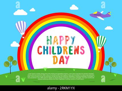 Carte de voeux de fond de jour d'enfants heureux avec arc-en-ciel, ballons d'air, avion et jardin. Illustration de Vecteur
