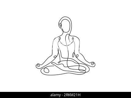 Dessin continu d'une ligne de femme assise jambes croisées méditant. Un dessin au trait du concept sain de yoga de remise en forme des femmes Illustration de Vecteur