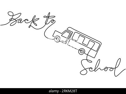 Dessin continu d'une ligne des mots manuscrits de retour à l'école avec autobus scolaire isolé sur fond blanc. Illustration de Vecteur