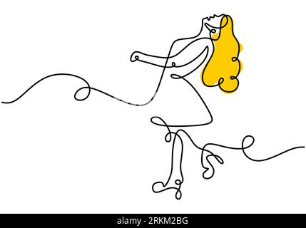Dessin continu à une seule ligne de la femme aux cheveux jaunes longs utilisant la marche dans la rue. Femme maquillage thème une ligne isolée sur fond blanc. Illustration de Vecteur