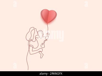 Dessin continu d'une ligne de jeune mère tenir son bébé avec des ballons d'air rose en forme de coeur. Carte de fête des mères joyeuses. Concept de parentalité familiale. CH Illustration de Vecteur