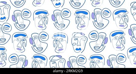 Abstrait une ligne de dessins masques et visages vecteur conception fond isolé. Design imprimable stylisé dans l'esquisse, style doodle. Texture surréaliste. Illustration de Vecteur