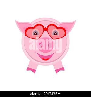 Mignon cochon dans des verres avec des coeurs. Illustration de dessin animé vectoriel. Clipart et dessin sur fond blanc. Illustration de Vecteur