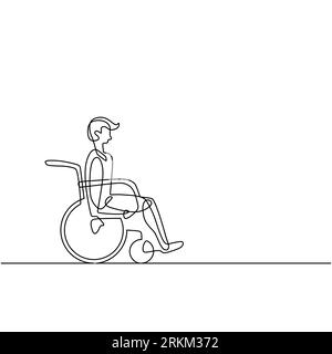 Dessin continu d'une ligne de l'homme handicapé sur fauteuil roulant profiter avec le mouvement. Ligne d'art dessinée à la main unique homme heureux en fauteuil roulant. Illustration de Vecteur