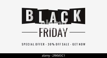 Offre spéciale Black Friday : 30 % de réduction. Lettrage noir et blanc isolé sur fond blanc Illustration de Vecteur