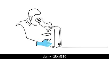 Continu une seule ligne de scientifique à l'aide d'un microscope isolé sur fond blanc. Illustration de Vecteur
