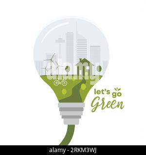 Bannière de concept d'énergie verte. Métaphore plate créative avec ampoule et éco ville. Go green quote typographie, développement durable industriel avec e Illustration de Vecteur