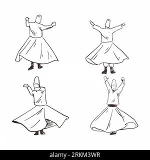 Dessiné à la main de la danse soufi du derviche tourbillonnant isolé sur fond blanc. Illustration de Vecteur
