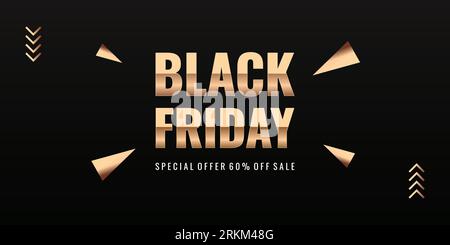 Offre spéciale Super sale du Vendredi fou. Cadeaux noirs réalistes. Fond noir plein d'objet festif décoratif. Lettrage de texte doré. Illustration de Vecteur