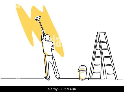 Dessin continu d'une ligne de bricoleur peignant le mur Illustration de Vecteur
