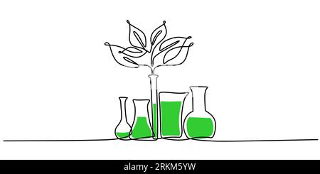 Continu une seule ligne d'expérience de plante avec des verres chimiques isolés sur fond blanc. Illustration de Vecteur