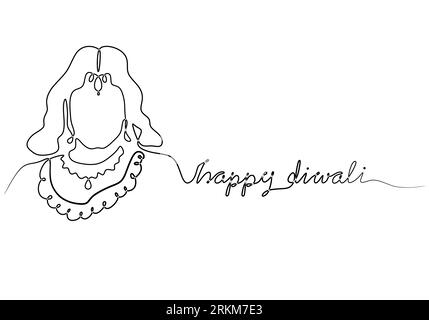 Joyeux Diwali bannière ou fond noir et blanc minimal avec une ligne dessinant dame indienne. Illustration vectorielle Illustration de Vecteur