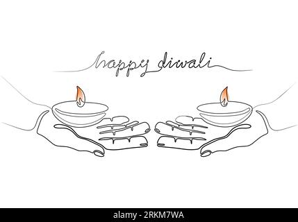 Une main de dessin continu tenant une bougie allumée. Dipavali de lampes de lampe à huile légère Diya Dia jour d'argile cuite au four. Joyeux Diwali art minimal Vecteur il Illustration de Vecteur