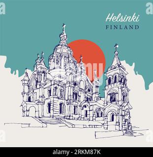 Illustration vectorielle dessinée à la main de la cathédrale Uspenski à Helsink, Finlande. Banque D'Images