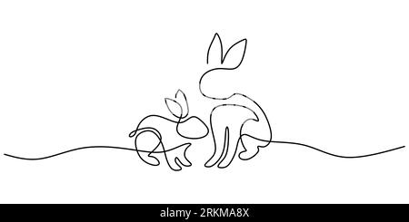 Continue une seule ligne de deux lapins mignons isolés sur fond blanc Illustration de Vecteur