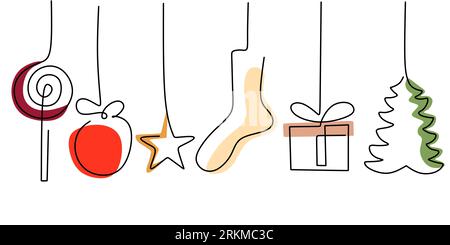 Continue une seule ligne de bonbons, boule, étoile, chaussette, cadeau et sapin de pin pour la décoration de noël isolé sur fond blanc. Illustration de Vecteur