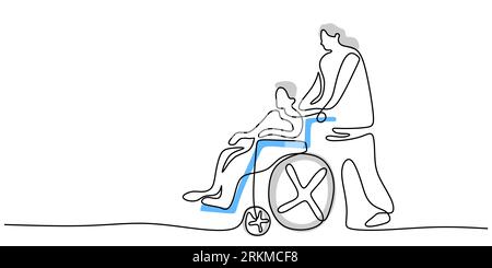 Continue une seule ligne de vieil homme aidant la vieille femme sur chaise roulante isolé sur fond blanc. Illustration de Vecteur
