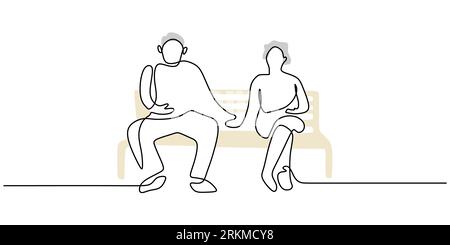 Continue une seule ligne de couple mature assis sur la chaise isolé sur fond blanc. Illustration de Vecteur