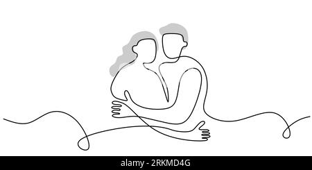 Continue une seule ligne de couple romantique mignon embrassant isolé sur fond blanc. Illustration de Vecteur