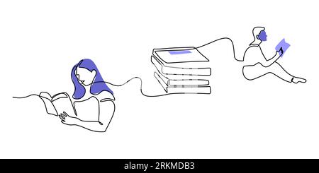 Continu une seule ligne d'homme et de femme lisant le livre isolé sur fond blanc pour la journée mondiale de l'éducation. Illustration de Vecteur