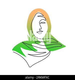 Continue une seule ligne de femme hijab vert orange isolé sur fond blanc. Illustration de Vecteur