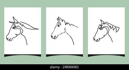 Une seule ligne continue de trois affiches de tête de cheval isolées sur fond bleu clair. Illustration de Vecteur
