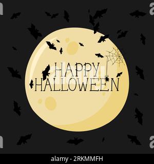 L'illustration vectorielle de Happy Halloween peut être utilisée comme une bannière ou une carte de voeux. La lune et les chauves-souris sur un fond sombre. Illustration de Vecteur