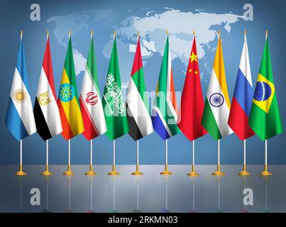 Drapeaux des pays BRICS avec six drapeaux des nouveaux États membres Banque D'Images