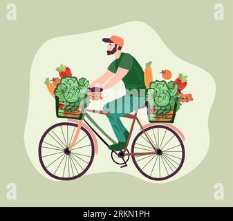Acquisition d'épicerie, Courier à vélo livre des légumes et des fruits frais à partir d'un supermarché. Logistique verte. Livraison rapide écologique à domicile et au bureau. Illustration vectorielle. Illustration de Vecteur