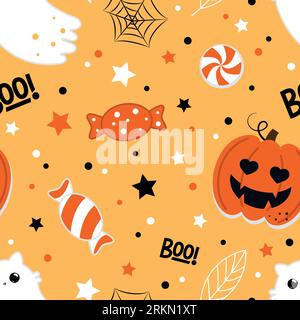 Motif sans couture Halloween. Illustration vectorielle de chats fantômes mignons, citrouilles et bonbons sur un fond orange. Motif transparent de dessin animé vectoriel. Illustration de Vecteur