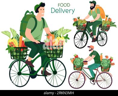 Acquisition d'épicerie, Courier à vélo livre des légumes et des fruits frais à partir d'un supermarché. Logistique verte. Livraison rapide écologique à domicile et au bureau. Illustration vectorielle. Illustration de Vecteur