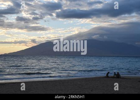 Maui. 21 août 2023. La photo prise le 21 août 2023 montre des gens qui passent du temps sur une plage vide à Maui, Hawaii, aux États-Unis. Les feux de forêt dévastateurs qui ont ravagé l'île hawaïenne de Maui ont porté un coup dur à l'industrie touristique de l'île, mais les résidents locaux et les chefs d'entreprise s'attendent à ce que davantage de touristes reviennent alors que l'île s'embarque sur une longue route pour se rétablir. Crédit : Zeng hui/Xinhua/Alamy Live News Banque D'Images