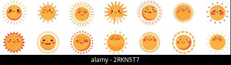 Personnage de soleil dans un style mignon, visage avec un autocollant. Soleil avec un sourire pour les enfants, griffonné d'une manière heureuse et amusante. Illustrations vectorielles plates isolées i Illustration de Vecteur