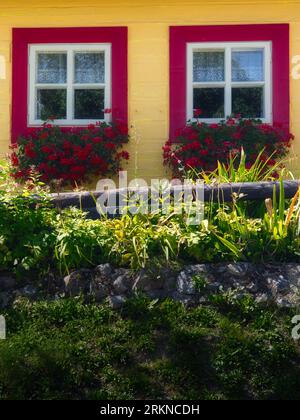 Détail de la façade d'une maison en bois jaune avec fenêtres rouges et fleurs à Vlkolinec, Slovaquie Banque D'Images