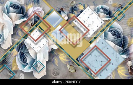 Vue 3D du papier peint 3D montrant des roses bleues et des cercles blancs sur un fond texturé Banque D'Images