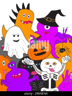 Groupe de monstres fantômes drôles mignons et squelette célèbrent les vacances d'Halloween ensemble. Heureux personnages colorés dessin de dessin animé. Banque D'Images